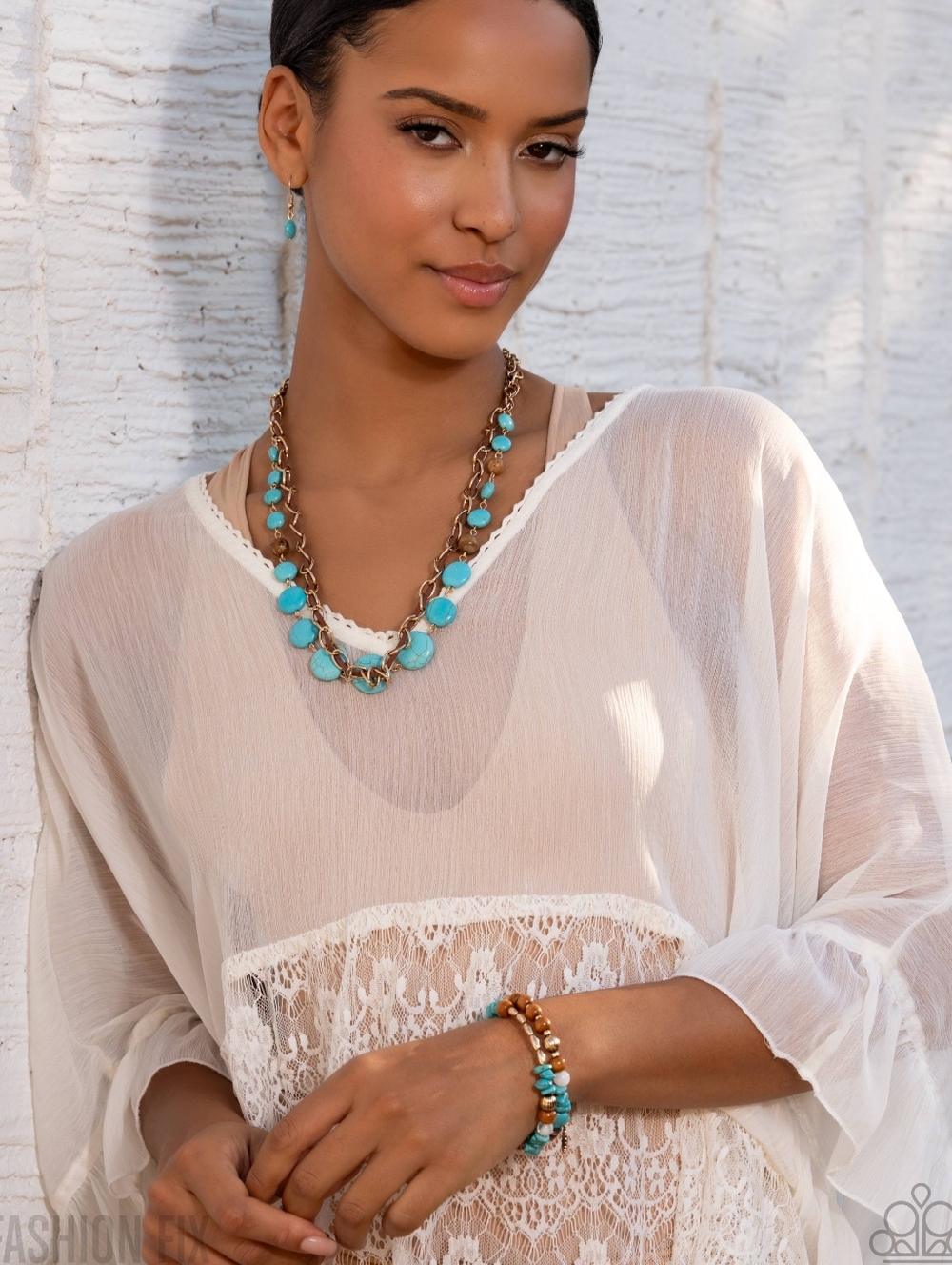 Spirited Sequence Paparazzi Turquoise, Brown & Gold Beaded Multi-Strand Bracelet - Picture 3 of 4